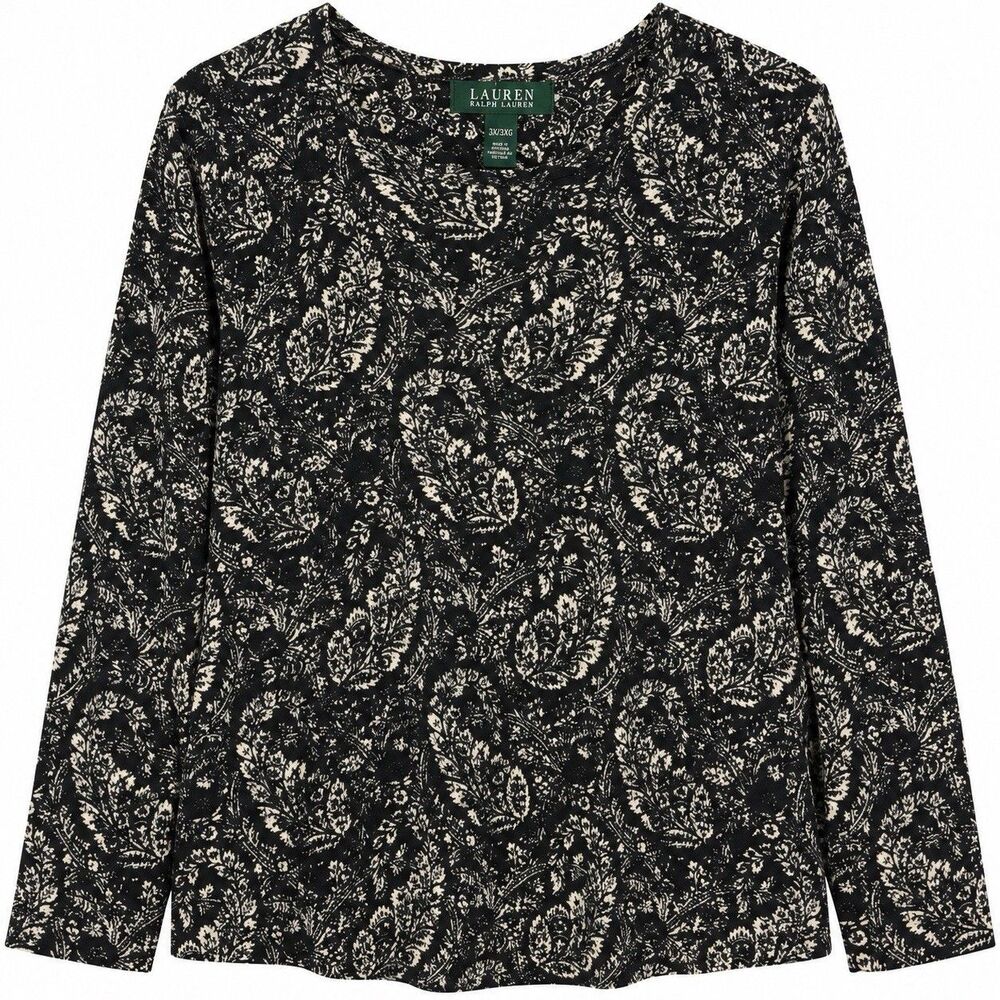 Lauren Ralph Lauren Top Womens Plus 3X Black Cream Paisley Cotton Long Sleeve